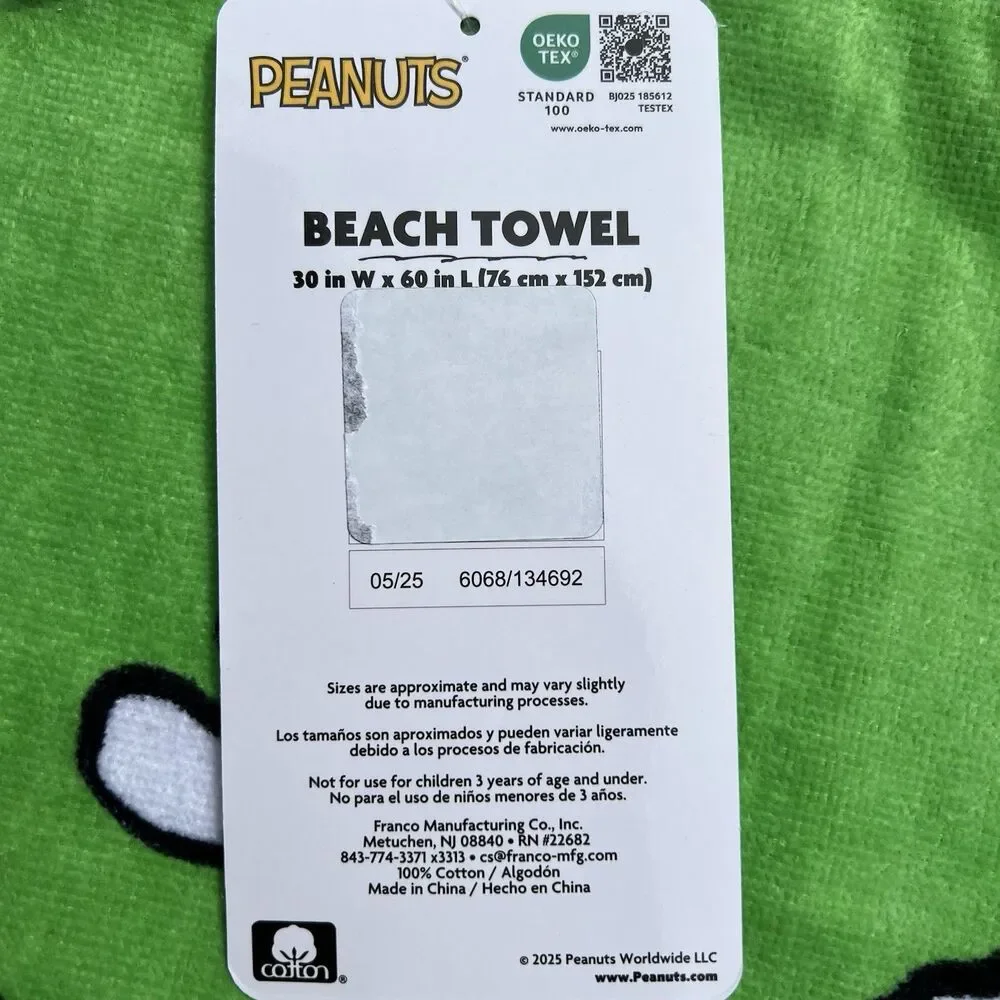 Peanuts Franco Snoopy PickleBall Summer Theme Beach Towel New 30”x60”